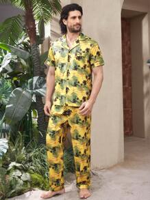 Manfinity ChillVibe 男士热带植物印花衬衫和裤子休闲睡衣套装 - 黃色 - 查看 7