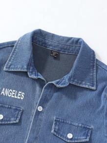 SHEIN 2 cái/bộ thường ngày của Tween Boy's Áo thun ngắn tay in hình gấu bông dễ thương màu xanh lam và quần short dệt kim denim Bermuda ống rộng, dành cho quần áo đi học thông thường và đa năng - Rửa nhẹ - Xem 4