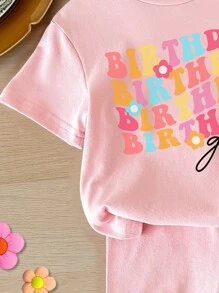 SHEIN Bộ 2 chiếc áo và quần short in chữ 'Birthday Girl' cho bé gái mùa hè - Hồng - Xem 3