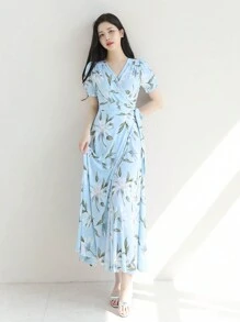 DAZY Women Floral V-Neck Fitted Short Sleeve Dress, Autumn Sundress