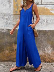 SHEIN LUNE Women's Summer Loose Wide Leg Jumpsuit With Pockets, Fashionable Leisure Vacation Romper - Royal Blue - View 5