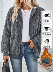 EMERY ROSE Grey Plush Texture Long Sleeve Zippered Hooded Jacket In Fall/Winter - Dark Grey - View 2