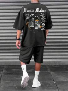 Manfinity LEGND Áo thun tay ngắn hở vai in khẩu hiệu thường ngày dành cho nam và quần short, đi chơi - màu đen - Xem 1