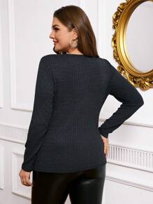 SHEIN Clasi 炭灰色花卉提花 V 领浪漫蕾丝金属纽扣大码长袖 T 恤