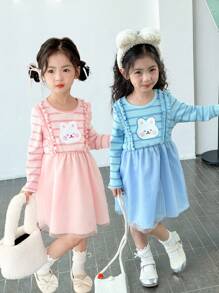 SHEIN Long Sleeve Striped Patchwork Cartoon Rabbit Ruffle Mesh Splicing Girl Dress - Multicolor - View 1