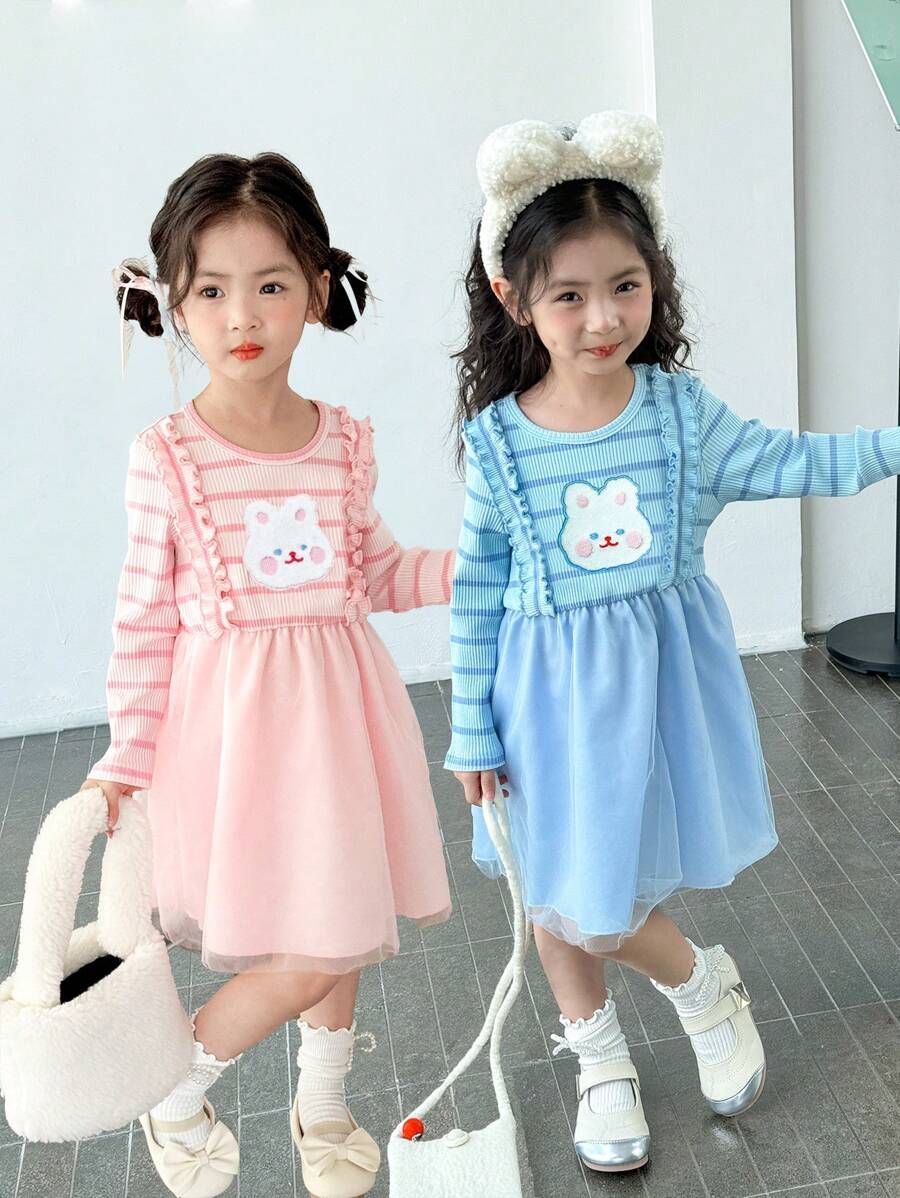 SHEIN Long Sleeve Striped Patchwork Cartoon Rabbit Ruffle Mesh Splicing Girl Dress - Multicolor - View 1