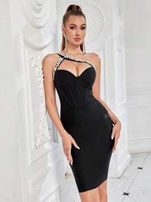ADYCE 1pc Women's Rhinestone Embellished One-Shoulder Backless Bodycon Party Bandage Dress