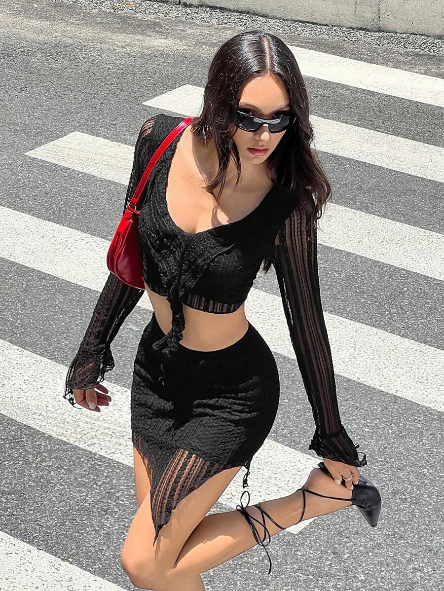 SHEIN Unity Long-Sleeved Ruffled Top & Low-Rise Skirt With An Asymmetrical Hem For A Statement Look - Black - View 1