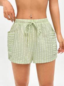 SHEIN EZwear Quần short thường ngày đơn giản in sọc cho nữ - Nhiều màu - Xem 4