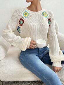 SHEIN LUNE Damski sweter vintage, ręcznie robiony na szydełku, luźny, dzianinowy, jesień/zima - Morela - Zobacz 6