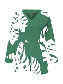 Maweii Plus Size V-Neck All-Over Print Long Sleeve Jumpsuit For Summer - Green - View 5