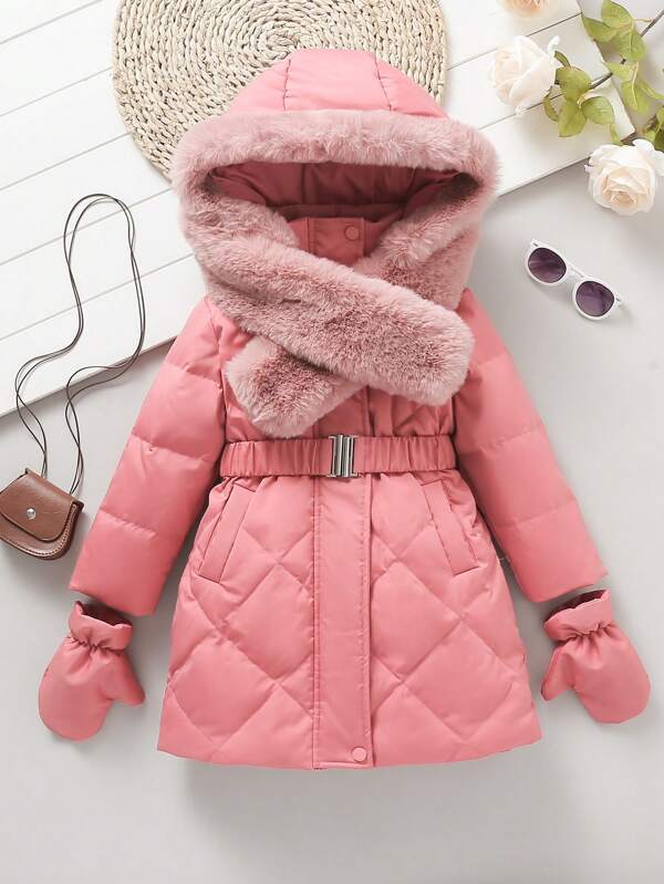 Chaqueta de plumas de longitud media para niñas con cinturón de cintura, cuello de piel y guantes, invierno