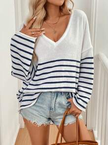 SHEIN LUNE Áo len dệt kim dáng rộng, phối màu sọc, thích hợp cho kỳ nghỉ và phong cách thường ngày, áo len chui đầu mùa thu đông. - trắng - Xem 5