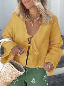 SHEIN VCAY 女士休闲纯色系腰衬衫 - 黃色 - 查看 3