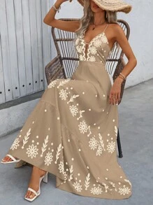 Breezaya Váy yếm dài in họa tiết mùa hè cho nữ, trang phục đi biển dài phong cách Hawaii - Nhiều màu - Xem 4