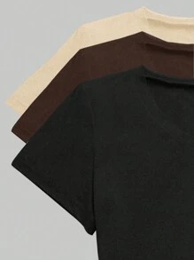 SHEIN LUNE Áo thun ngắn tay cổ chữ V màu trơn thường ngày mùa hè - Nhiều màu - Xem 6