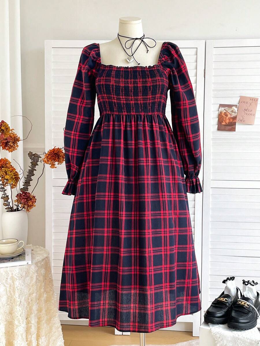 Dreamara 大码女式双色格子荷叶边泡泡袖 A 字中长连衣裙 - 彩色 - 查看 1