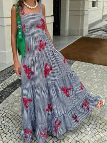 SHEIN Clasi Vestido largo casual y maduro con estampado de cuadros, animales y flores para mujer