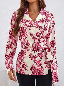 SHEIN Clasi Blusa romántica con cintura ceñida y sobreposición floral para mujeres