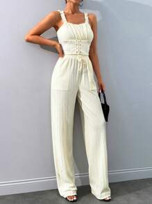 Textured Fabric Cami Top & High Waist Wide Leg Side Pocket Pant Summer Two Piece Outfit