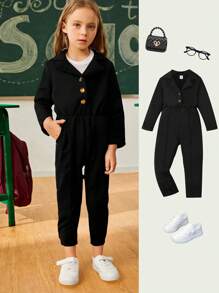 SHEIN Young Girls' Casual Jumpsuit With Lapel Collar, Knitted Thick Fabric, Tapered Jumpsuit, Autumn Winter New - Black - View 3