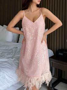 DAZY Sequin Hem Fluffy Spaghetti Strap Nightgown - Pink - View 3