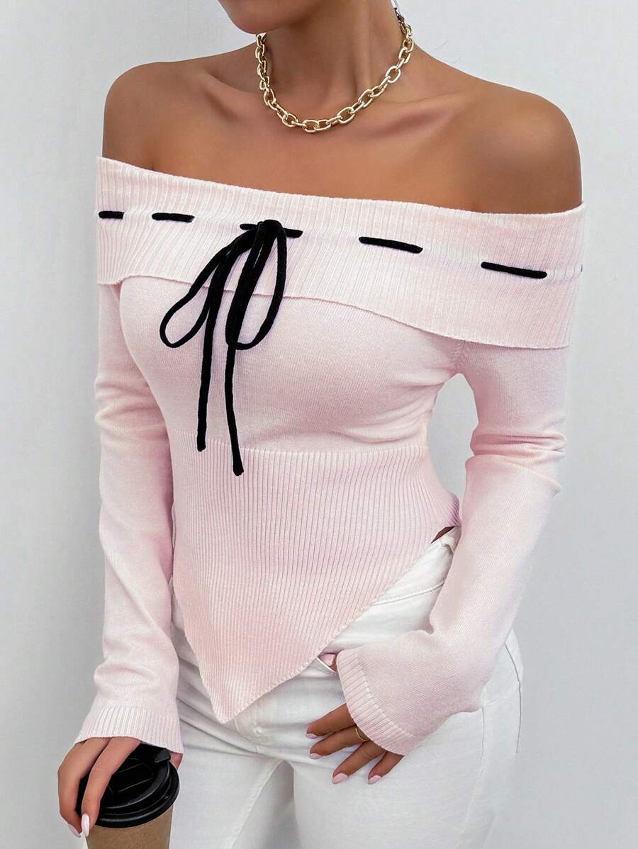Chiquease Off-Shoulder Tie-Up Asymmetrical Hem Sweater, Autumn/Spring Knit Pullover Fall Winter Outfit