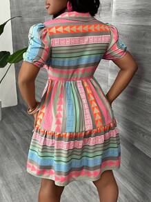 Slaydiva 2025 New Summer Geometric Print Vacation Puff Sleeve Open Front Tiered Loose Dress - Multicolor - View 2