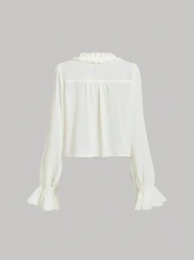 SHEIN MOD Camisa apricot con volantes y flores tridimensionales, camisa para salir, de vuelta al colegio, ropa de mujer para otoño, para usar por dentro y por fuera, atuendo de despedida de soltera, carnaval, ropa de otoño, camisa formal