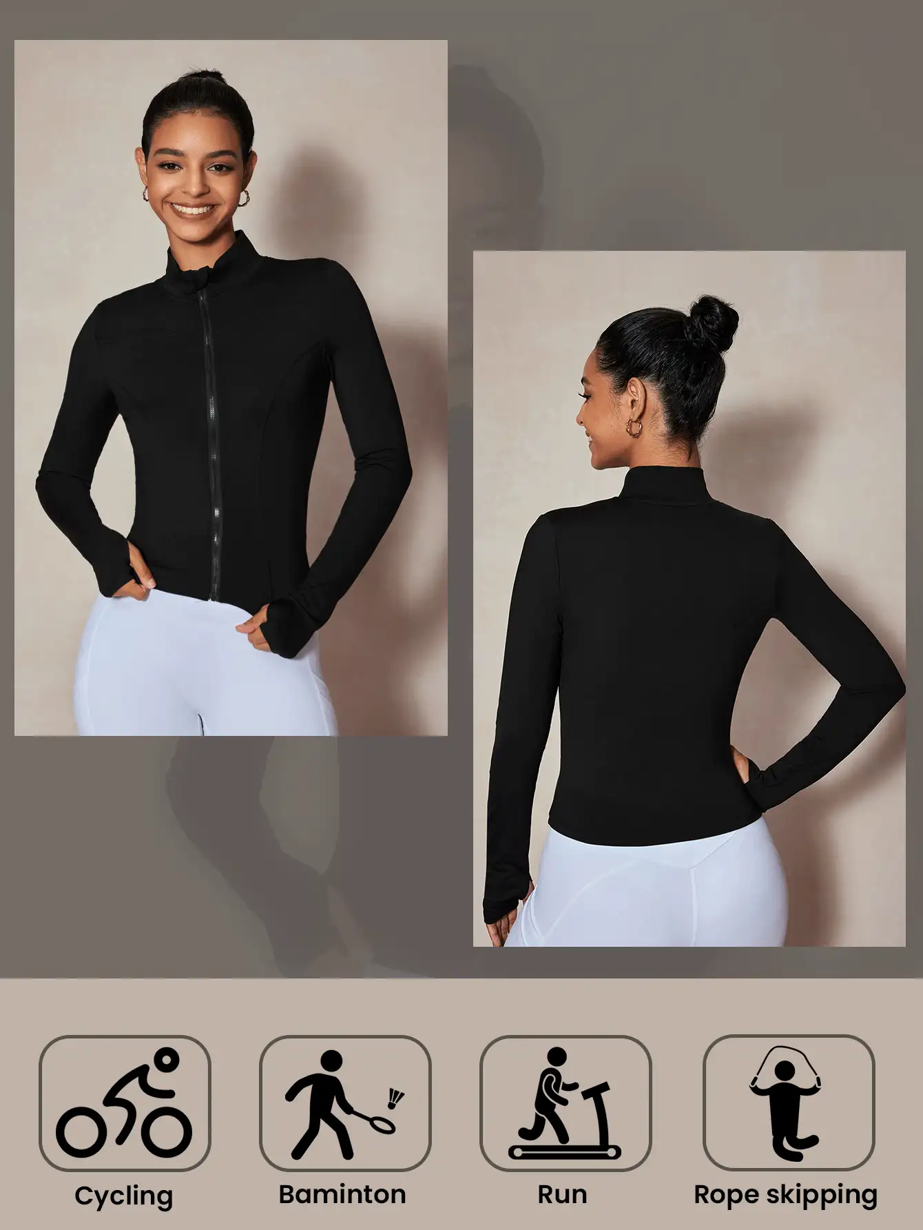 SHEIN Sports Chaqueta deportiva de manga larga con cremallera y cuello alto de color liso - Negro - Ver 4