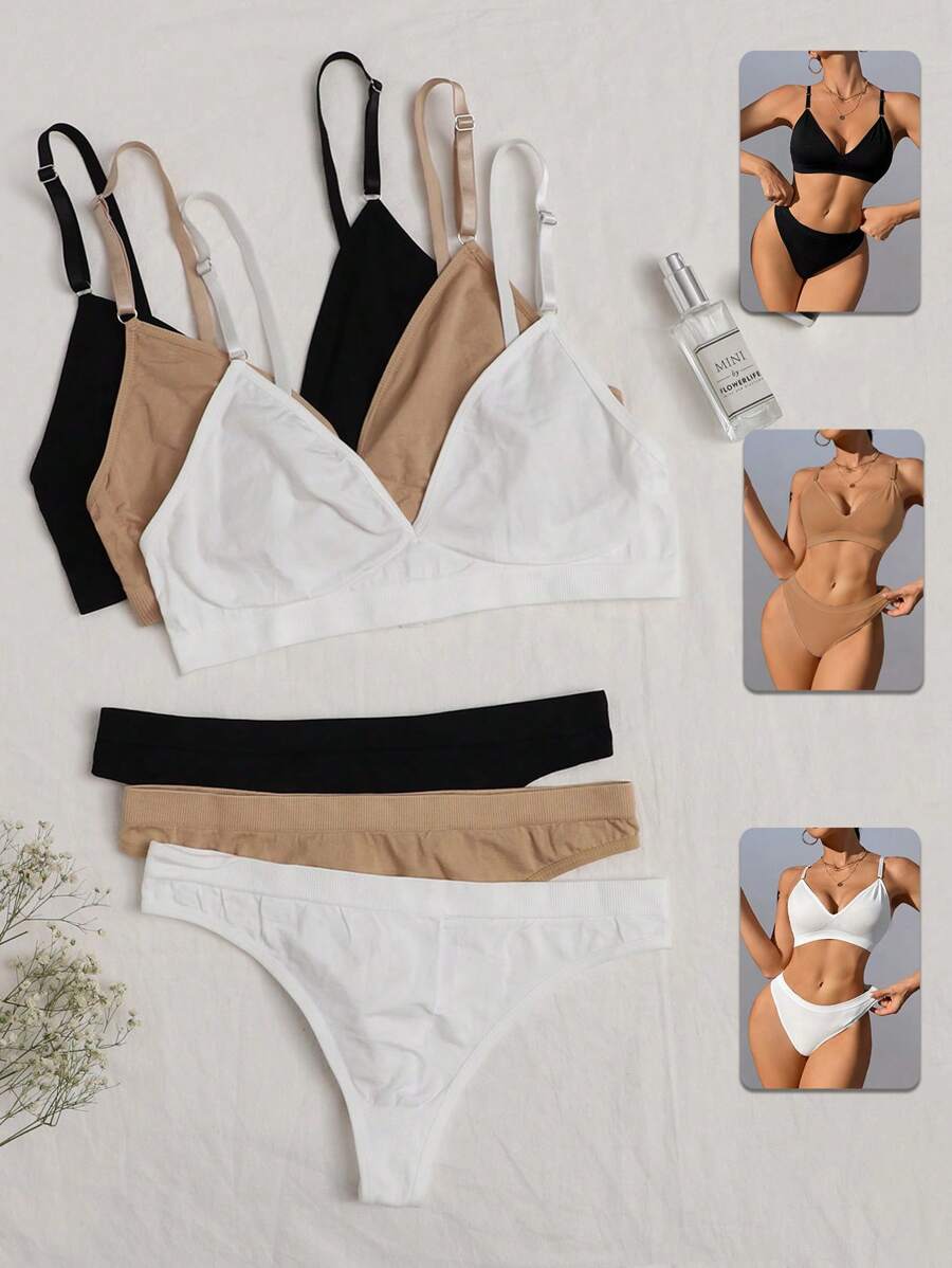 3pc Non-Wired Bra & Thong Lingerie Set - Multicolor - View 1