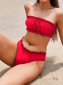 SHEIN Swim Conjunto de bikini de bandeau y Bottom con volantes de unicolor para verano