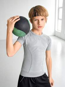 SHEIN Áo thun tập yoga, thể dục, chạy bộ thoáng khí co giãn thoải mái màu xám cho bé trai tuổi mới lớn - Xám - Xem 3
