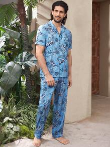 Manfinity Underwear&Sleepwear Basics Conjunto de casa con camisa de manga corta de solapa y pantalones con estampado de paisley para hombre - Azul - Ver 4