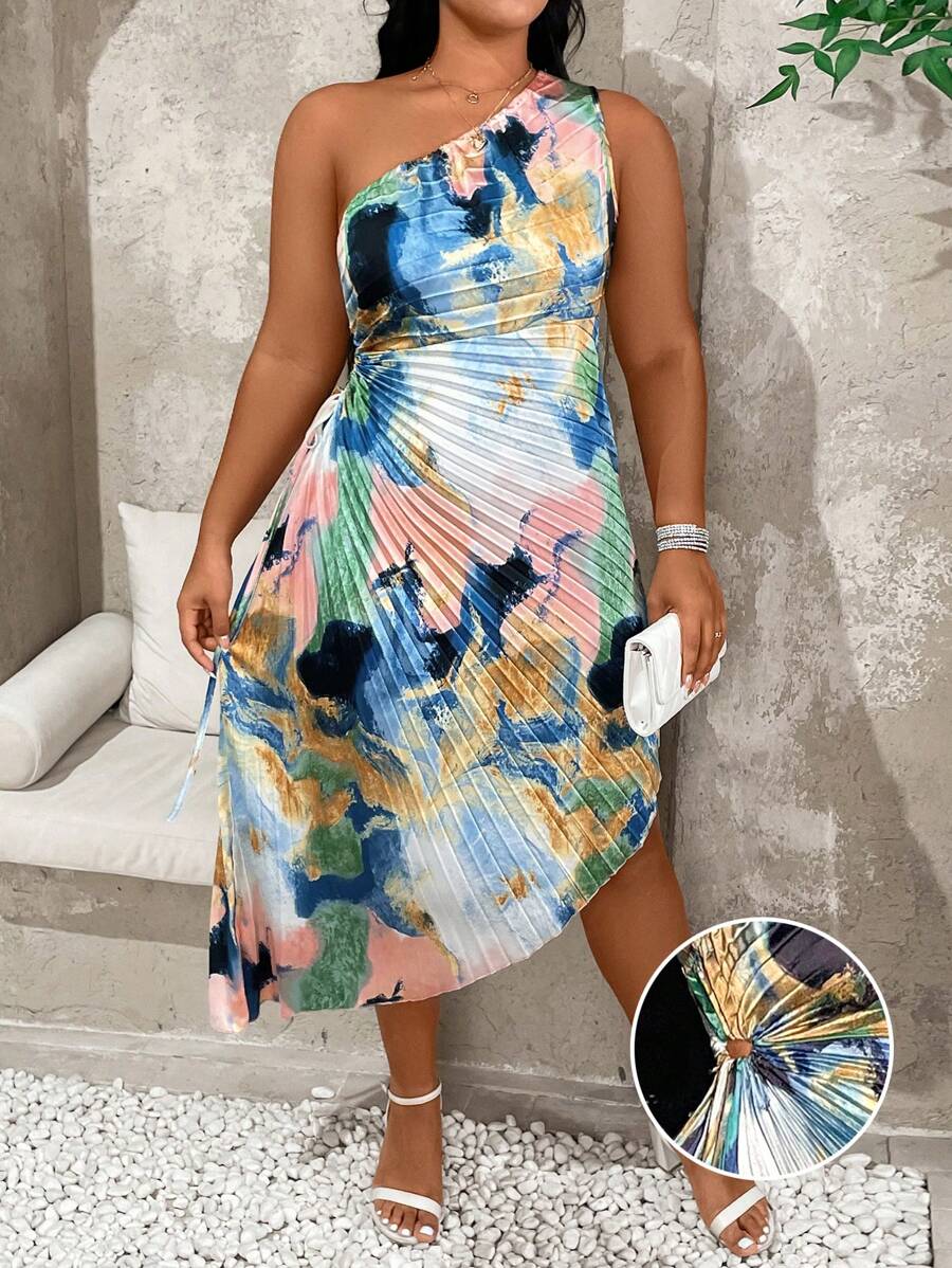 Breezaya Kích thước lớn Mùa hè Ngày lễ Nhuộm buộc In Bất đối xứng Xếp li Đầm - Nhiều màu - Xem 1