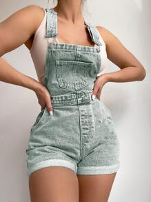 EMERY ROSE Women's Fashionable Washed Pocket Denim Bib Shorts, Summer - Mint Green - View 1