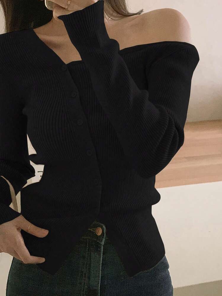 Women's Asymmetrical Collar Open Shoulder Solid Color Knitted Cardigan,Long Sleeve Tops,Fall Clothes