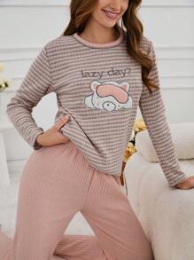 RueChic 100% Cotton 2Pcs  Striped&Embroidry Detail Shirt And Long Bottom Lounge Set - Dusty Pink - View 3