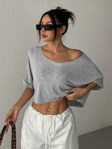 SHEIN EZwear Women Oversized Loose Fit Knitted One Shoulder Crew Neck T-Shirt, Grey