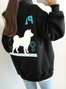 DAZY Women's String Drawstring Letter Print Oversized Hoodie, Casual Everyday Wear,Fall Women Clothes Sweatshirt - Black - View 6