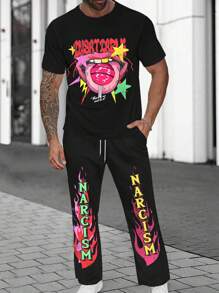 Manfinity EMRG Men's Plus Size Casual Mouth & Letter Print T-Shirt And Pants Set, Summer - Black - View 3