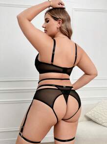 Set Bra Tanpa Kawat Seksi Ukuran Plus 5pcs dengan Renda dan Jala Kontras - Hitam - View 2