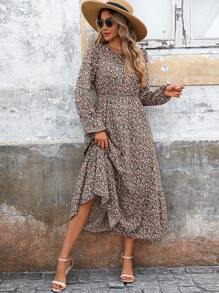 SHEIN LUNE Đầm dài họa tiết hoa hở lưng tay dài giản dị cho nữ mùa thu - Nhiều màu - Xem 1