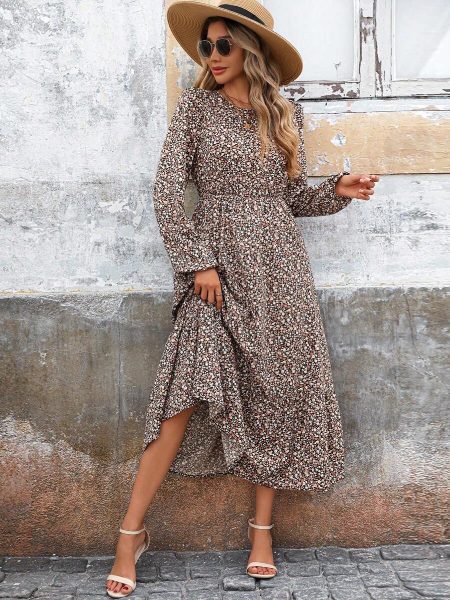 SHEIN LUNE Đầm dài họa tiết hoa hở lưng tay dài giản dị cho nữ mùa thu - Nhiều màu - Xem 1