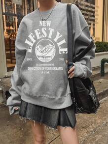 DAZY 女士宽松字母印花圆领宽松运动衫，秋季服装 - 灰色 - 查看 3