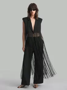 Ontre 2026春夏新款黑色女式套装，深V领无袖流苏下摆吊带背心搭配宽松舒适的直筒裤，适合教师、办公室、商务休闲场合穿着。 - 黑色 - 查看 2