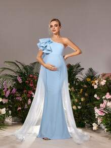 Maternity Elegance One-Shoulder Ruffle Sleeve Gown&Babyshower Dresses With Cascading Side Slit Organza Train & Sculpted Fish-Tail Hem – Sophisticated Baby Shower Dress For Formal Dinners, Bridal Luncheons, Celebratory Receptions, Maternity Galas, And Elegant Ceremonies