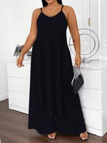 SHEIN LUNE Plus Size Solid Color Backless Camisole And Pants Summer Sexy 2pcs Set - Navy Blue - View 1
