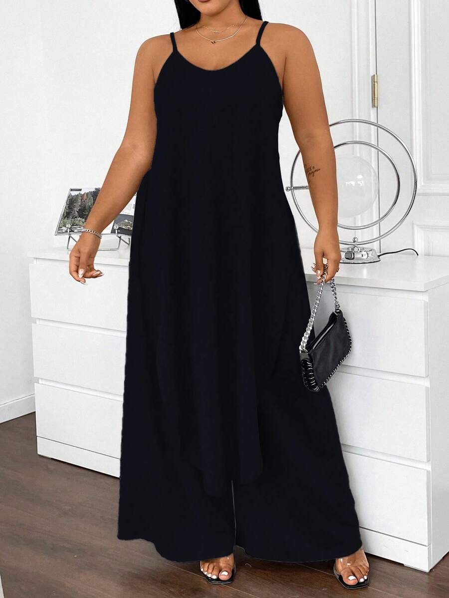SHEIN LUNE Plus Size Solid Color Backless Camisole And Pants Summer Sexy 2pcs Set - Navy Blue - View 1