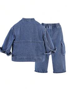 2pcs/Set Young Girls Button Front Long Sleeve Blouse And Long Pants Outfit